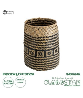 GloboStar® Artificial Garden INDIANA 20584 Διακοσμητικό Πλεκτό Καλάθι - Κασπώ Γλάστρα - Flower Pot Καφέ με Μαύρο Φ18 x Υ22cm